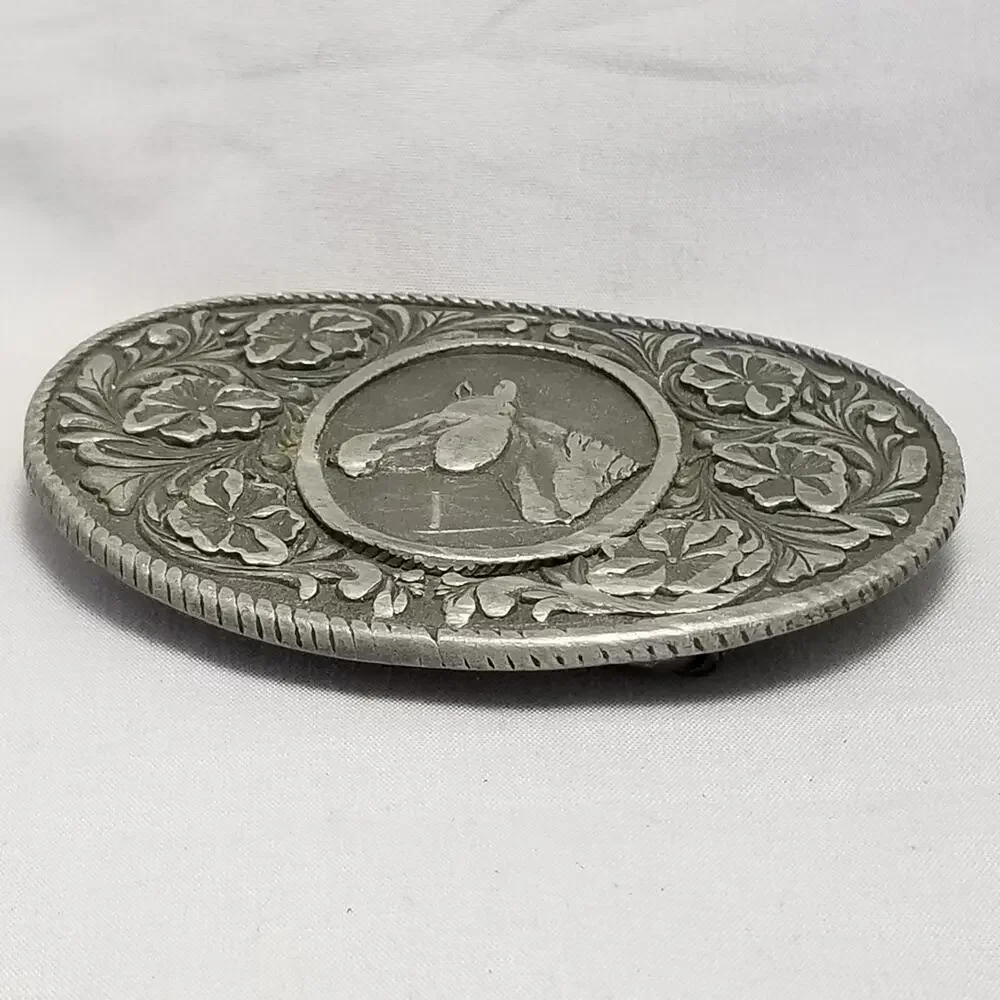 Belt Buckle 1974 Horse Head Flowers Rope Edge Oval Shape Western Cowboy Rodeo US